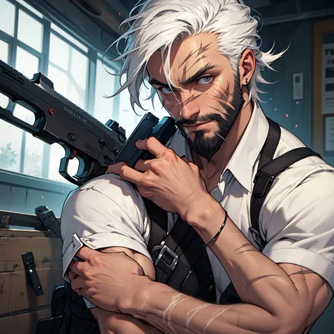 man, white hairs, short and well-groomed beard,  he always has a gun close to him, He has some scars on his face .