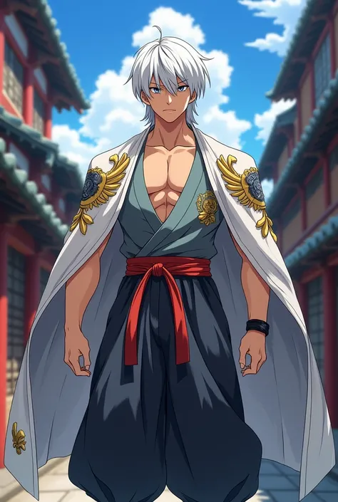 anime boy, tall muscular sturdy ,  boy,  white hair reached the shoulders,  uniform Japanese type , era taisho 