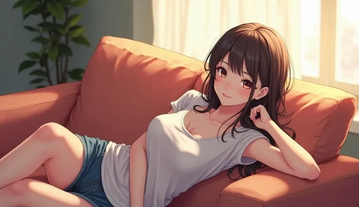  a beautiful woman ,  wearing t-shirt  , lying on the sofa ,  anime style 