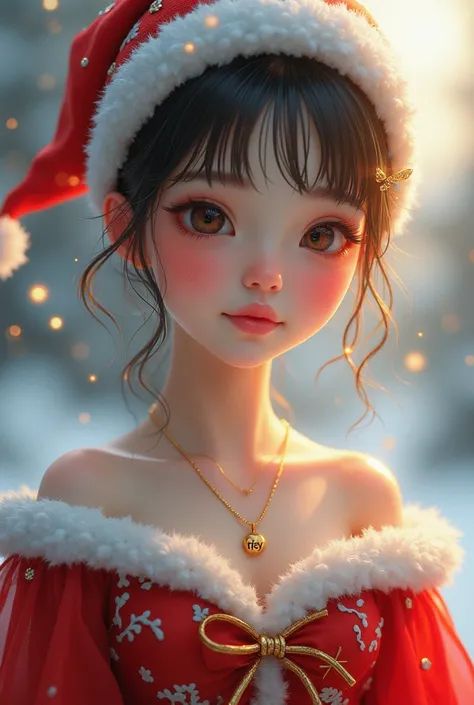 AI girl ,  ai style ,  wears a Christmas dress and a Christmas hat, pipi merah blush,  wearing a gold necklace inscribed  "Fey"