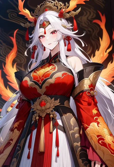 Mature women，Adult , Milf , Beautiful Face , Detail face , White long hair，Dark chinese hanfu，Costume with phoenix image sewn on it , Detailed costume , Show your shoulders，Beautiful red eyes，Full body , Extremely detailed，high resolution，Detail background