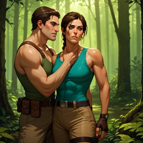 Lara, Croft, standing, giving a man a chokehold, looking mean, in a forest