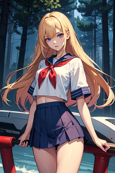 最  high image quality, masterpiece, 4K,   high image quality,   super high res,    racer type bike   , CG drawing（   1 cool adult female swordsman   ） hair、 blondes。 hairstyle、  straight。   shortcuts。  In the middle 、 facial 、  navy blue mini pleated skirt...