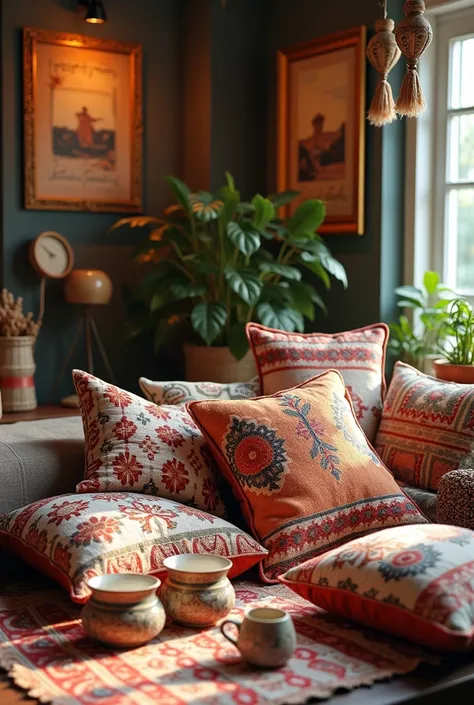  I want the place to have a display of cushions, by mugs ,  by tulas , paintings