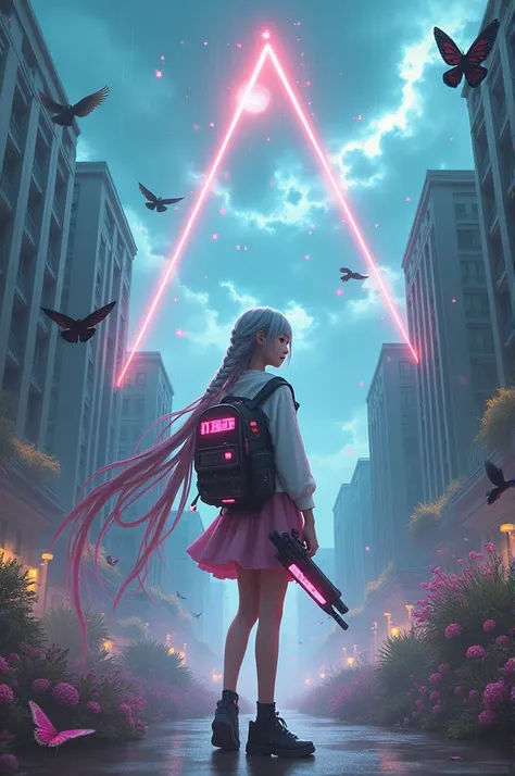  brush stroke beautiful sky rain clouds falling horoscope stones  ,building urban ,  bird,   butterfly ,   with supporting ornament ,  a beautiful girl wearing Harajuku style clothes  ,  Braidfall grey pink hair ,  wears backpack made of spirit box with co...