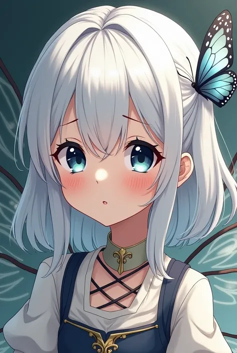  A shy looking fairy ,  light-white hair and medium length below the shoulder, dark blue eyes,  slightly fleshy and reddish mouth ,  tanned white skin and pink cheeks , Semi realistic anime art style, bangs that dont cover the forehead , embarrassed look, ...