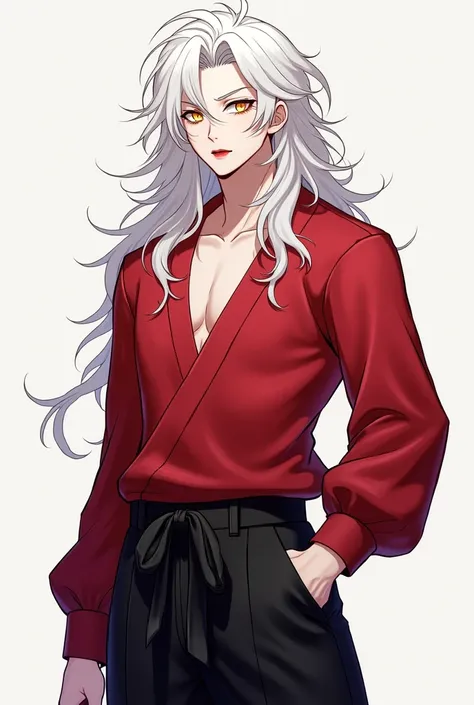 anime character, male, white shiny, curly hair, white skin, yellow sparkling eyes, teen, muscular , tall, teen, black gi pants, long eyelashes, lip gloss red sweater