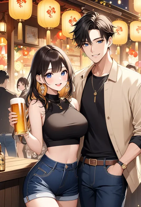  young men and women in festive bars and street stalls 、 anime-style illustrations with a warm and lively atmosphere 。The man has short black hair and 、 wearing gold accessories on black shirts 、 holding beer bottles with relaxed and playful expressions 、 ...