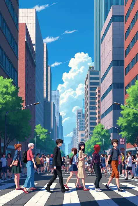 busy street crossing anime people