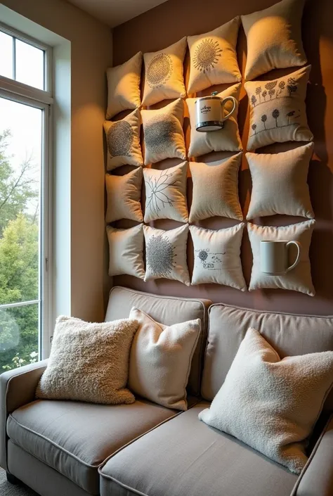  Create a room with a display of cushions measuring 30 x 30 cm, by mugs , Also ,  how to place it on the walls 