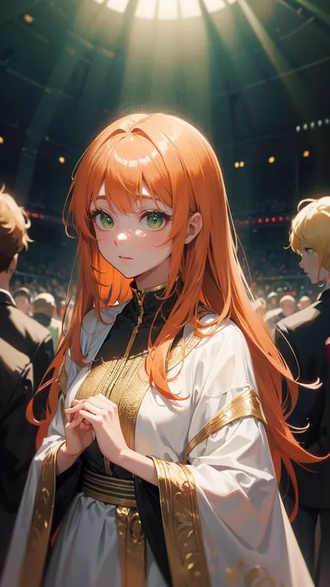  look at the audience， Top Quality， golden ratio ，Hands down，Orange hair， Green Eyes ， upper body，White mixed with gold clothes，girl， high quality，Second Dimension， long hair，Thick hair