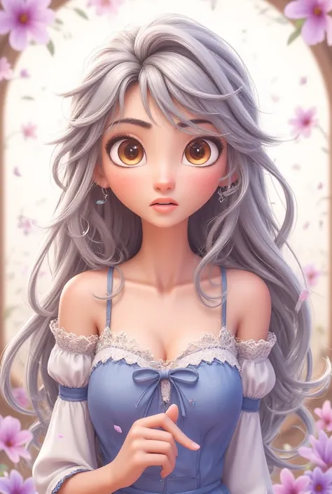 Hikari Yumehara has long, silvery hair that shines softly in the light,  with a flowing cut and longer locks on the sides .  Her eyes are golden and express calm and serenity . She wears simple and elegant clothes ,  with soft tones such as light blue , wh...