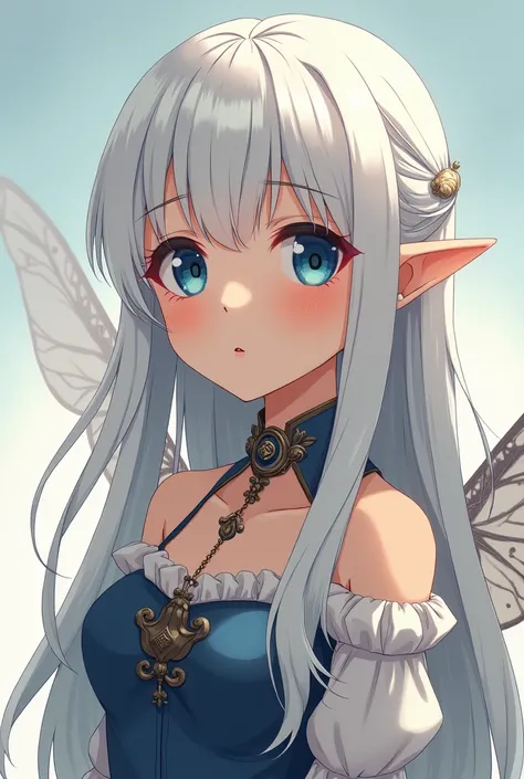  A shy looking fairy ,  light-white hair and medium length below the shoulder, dark blue eyes,  slightly fleshy and reddish mouth ,  tanned white skin and pink cheeks , Semi realistic anime art style, bangs that dont cover the forehead , embarrassed look, ...