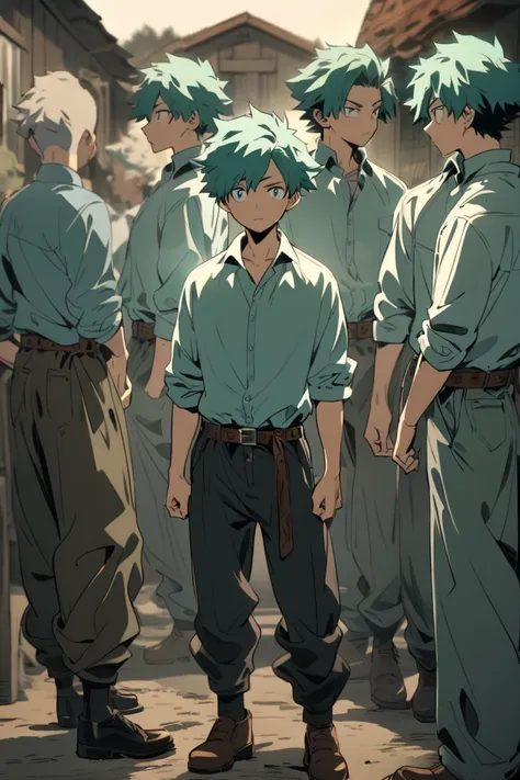 A teenage anime boy with a humble and timeless appearance, showcasing his ability to clone himself. He wears traditional, simple clothing, such as a plain button-up shirt with rolled-up sleeves, loose trousers secured by a fabric belt, and sturdy leather s...