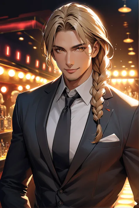 (score_9, score_8_up), score_7_up, masterpiece, high resolution, top quality, detailed, unique, 1 male, mature male, 32 years old male, good looking, tanned skin, hair with partial blonde highlights, dark red Medium long hair, braids, yellow eyes, sly smil...