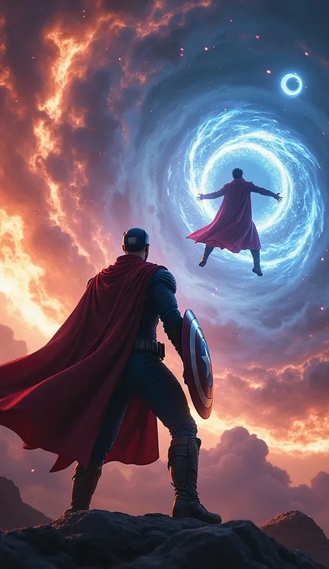 " An 8K scene showing Captain America and Doctor Strange in an intense battle against cosmic forces.  Captain America holds his glowing shield ,  covered in combat marks ,  while in a defensive position .  Doctor Strange conjures mystical portals with his ...