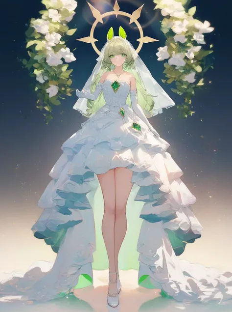 masterpiece,Highest_quality,
King Halo (Horse Girl),  One girl , Horse&#39;s ears,  full body ,   White Elbow Gloves,  white footwear ,  viewers, Horses Tail, gem,  necklace,  single green ear cover ,   white petticoat  ,  light green veil ,  light green s...