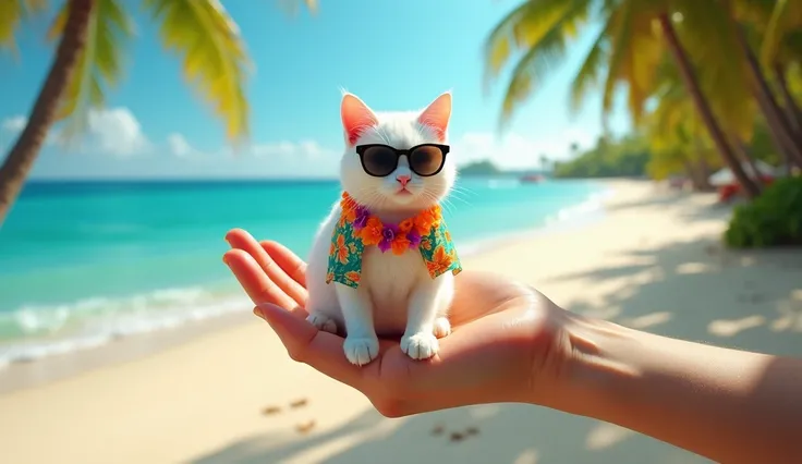 Beach Cat
A giant human hand holds a small white cat dressed in a Hawaiian shirt, sunglasses, and a lei around her neck. The background features a sunny beach with palm trees and ocean waves.

