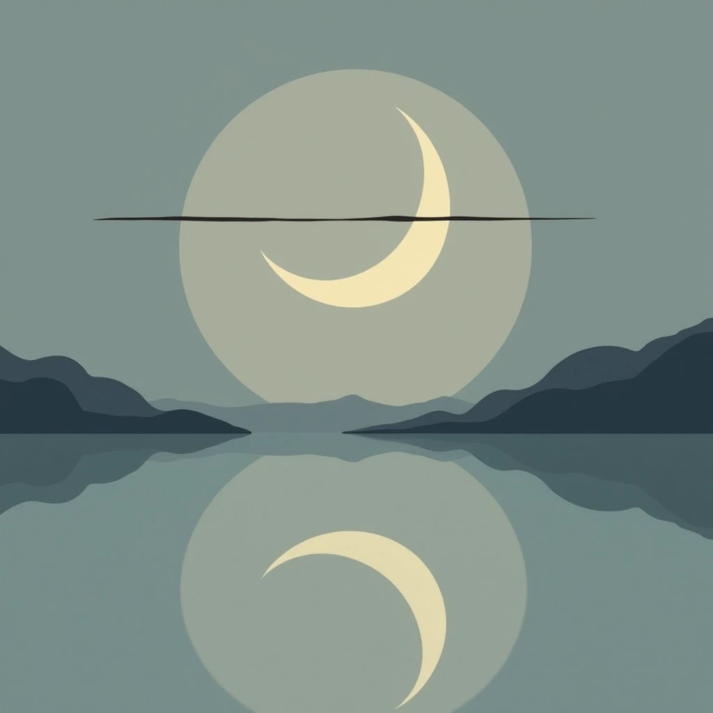 A moon but it’s simplistic and it’s the moon but you can only see half of it and just a line covers it, looks like a lake and a half moon 