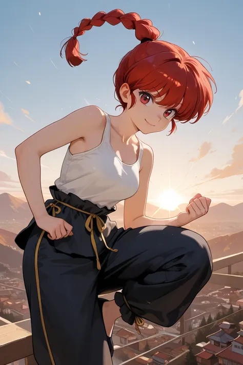 (Alone:1.3), One girl (Ranma, Anime protagonist(Ranma1/2),cute, sexy,  braided ed Red Hair,  red eyes, 赤いChinese clothing, smile, Ranma Saotome,  braided , Red Hair, single  braided ,  braided ed ponytail,  red eyes,underpants, Chinese clothing,  tank top,...