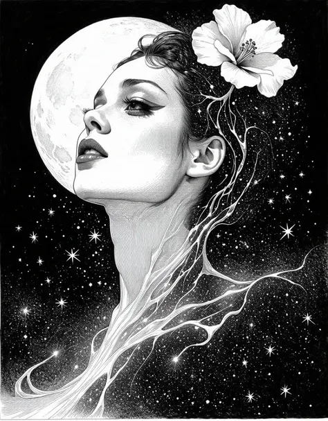 a black and white drawing of a woman with a flower in her hair, face melting into the universe, by Virgil Finlay, inspired by Dan Hillier, Starry space background, disney and dan hillier, moebius and dan hillier, inspired by Virgil Finlay, in the astral pl...