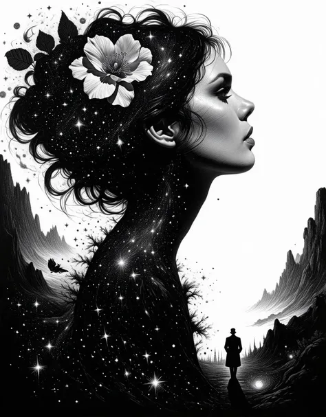 a black and white drawing of a woman with a flower in her hair, face melting into the universe, by Virgil Finlay, inspired by Dan Hillier, Starry space background, disney and dan hillier, moebius and dan hillier, inspired by Virgil Finlay, in the astral pl...