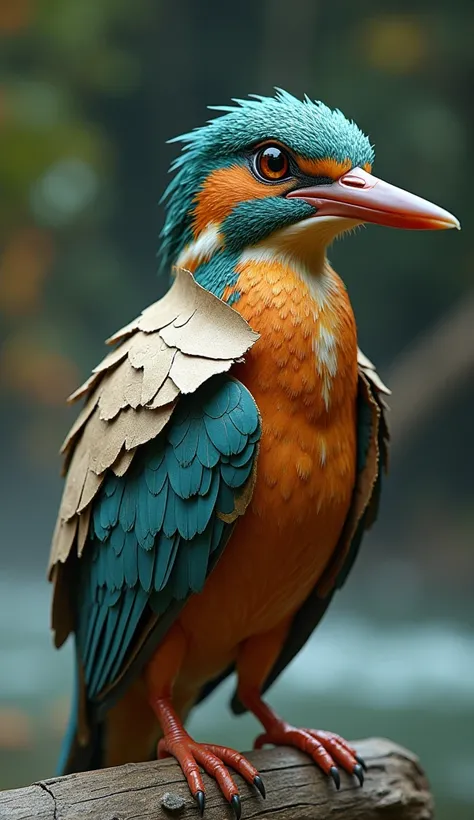 "Create an image of a hybrid creature combining the features of cardboard paper and a kingfisher. The creature should have the sleek, vibrant coloration of a kingfisher, with iridescent blues, oranges, and greens, but its body and wings are made of texture...