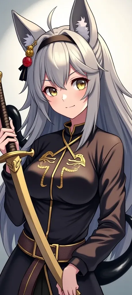 The character is from Demon Slayer, in anime style, she is a demon hunter with a golden katana, she has wolf ears, gray hair with gold, a gray eye and the other golden eye, she has a black snake as a pet 