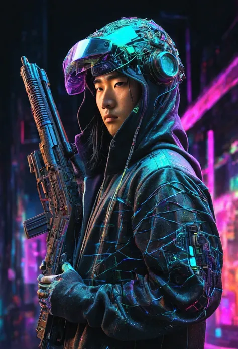  Abstract impasto painting surrial hyper-photografic. spinography. neon glitch FX, tilt shift full Body,A handsome cute Korean man  cyberpunk hunter with torn color fullnhoodie and cyberpunk future helmet decorated by iridescent circuit patterns, open walk...