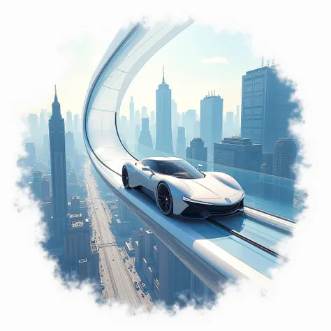 Futuristic car driving through a curved transparent tube installed above a cityscape, watercolor painting with clear contour contrast, white background