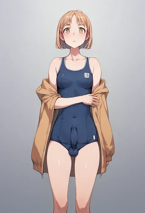 pt, Hermaphrodite , cell shading, anime style, clear outline,furubody, anime painting, Hermaphrodite , Hermaphrodite , flat shading,日本の anime styleのアート, penis bulge ,Fully clothed,JK,High School Girl Sukumizu, school swimsuit