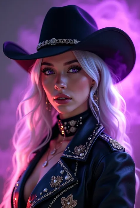 Woman (ethnicity:1.2), (age:1.1), with flowing, (detailed hair:1.2), (light gray/white color hair:1.2),  (accessories:1.1), (multiple piercings:1.1) wearing a (detailed clothing:1.2),  black leather jacket with (detailed embroidered design:1.3), (sparkly e...