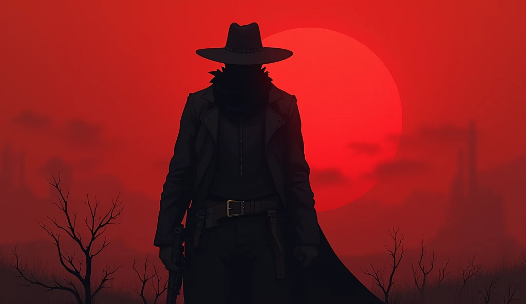 A mesmerizing dark fantasy illustration of a lone cowboy standing in a desolate and mysterious landscape. The cowboys face is hidden by his wide-brimmed hat, which casts a sinister shadow that envelops his entire figure. A black scarf covers his mouth, add...