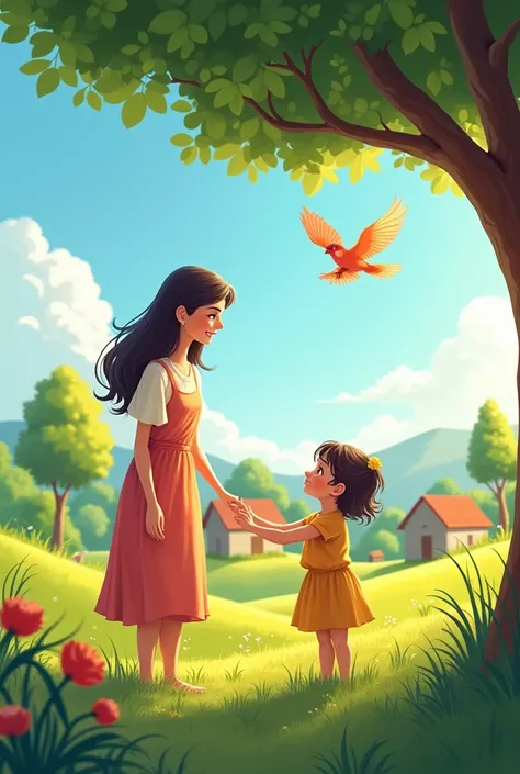 1. Mother and Daughter in the Beautiful Village
Prompt: "A small  and her mother standing in a peaceful village with lush green fields, small houses in the background, and a few trees. The mother is smiling at the , and the  is looking up at her with curio...