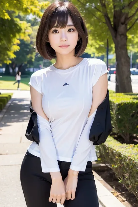 A bob haired young woman with bangs wearing white full sleeve t shirt and black pants, standing and posing in a park. Short Hair, Solo