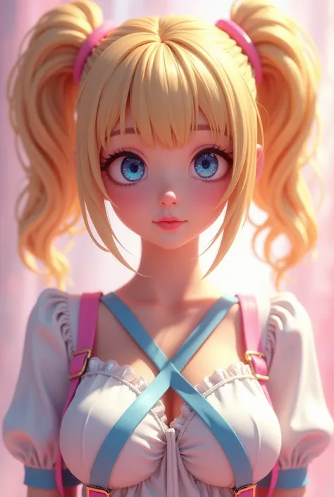 anime 3d, blonde, two ponytails, wearing a white blouse, blue and pink straps