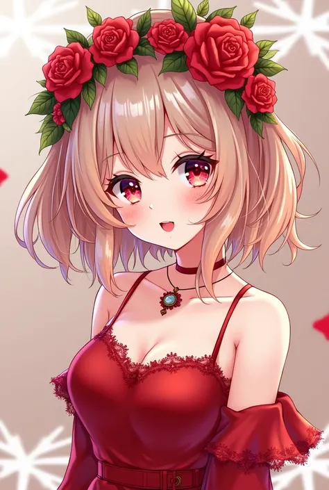 (masterpiece),( top quality :1.0), ( super high res:1.0),  Detailed Illustration , 8k, Anime,  One girl , beautiful Anime girl,  wearing a red dress , flower crown,  pretty face ,  detailed face ,  beautiful eyes,  detail eyes, Crimson Eyes, Bright red lip...