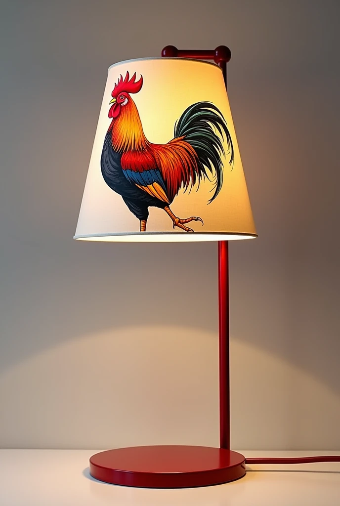 Image and design of a red metallic table lamp with a drawing of a rooster in color 