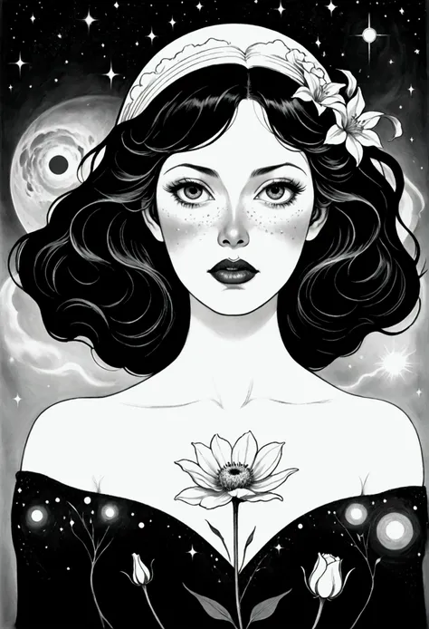 a black and white drawing of a woman with a flower in her hair, face melting into the universe, by Virgil Finlay, inspired by Dan Hillier, Starry space background, disney and dan hillier, moebius and dan hillier, inspired by Virgil Finlay, in the astral pl...