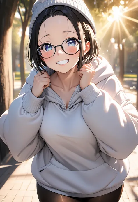 RAWphoto,photorealistic,8k16k,best quality,perfect anatomy,perfect detailed,ultra highres, extremely detailed eyes and face,gleaming skin,shiny skin,1girl,Japanese,black short hair,pixie cut, (wearing glasses:1.3),(parted bangs,forehead:1.2),round face,med...