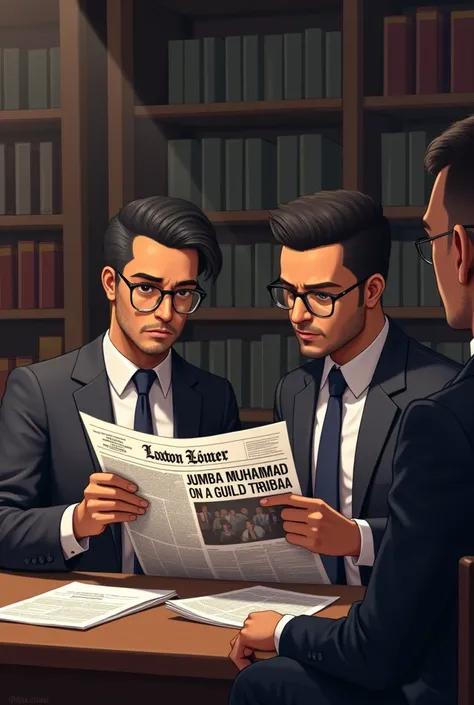 Generate for me a good picture of two lawyers reading a news paper with the headline “ JJUMBA MUHAMMAD FOR GUILD TRIBUNAL”