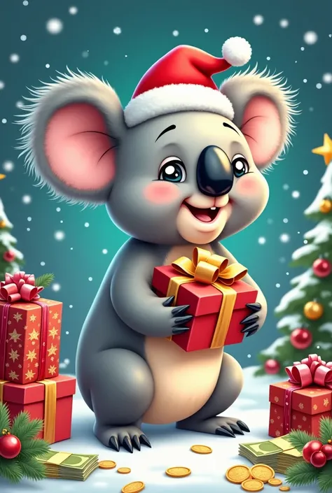 A image cartoon koala theme marry Christmas with many gift & money 