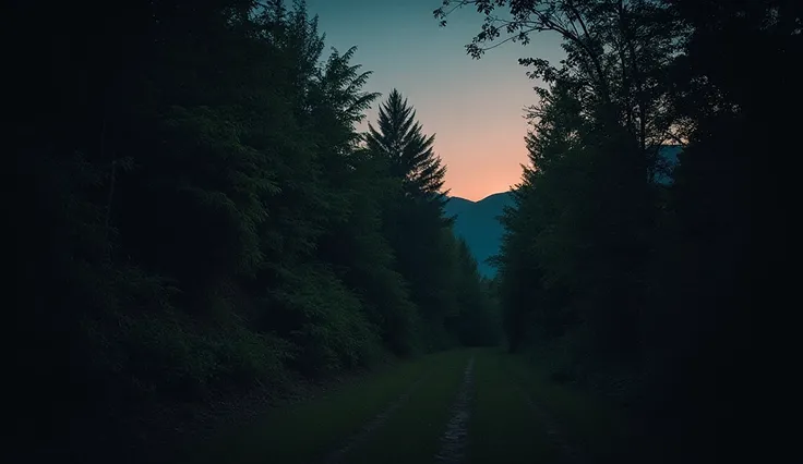 A narrow forest path at twilight, surrounded by tall, dense trees blocking most of the sky. The atmosphere is dark and eerie, with a faint orange glow on the horizon. A lone figure with a small backpack is holding a dim flashlight, walking cautiously down ...