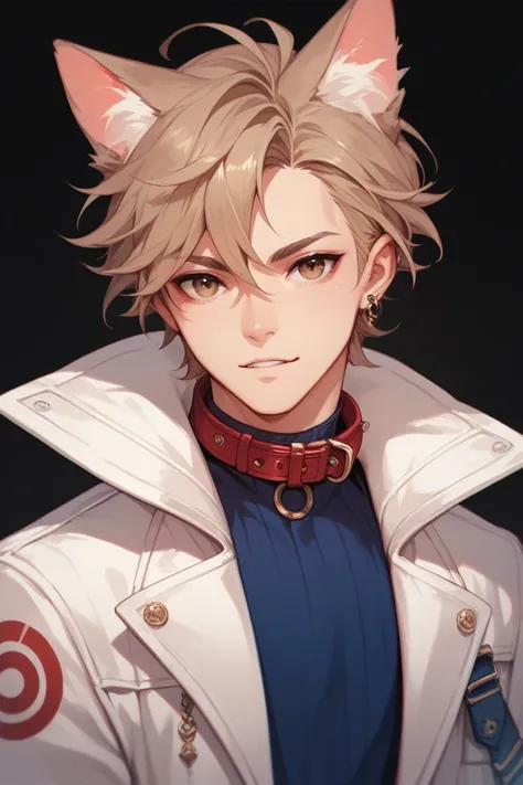 A cat boy with long blond hair , brown-eyed , with a dark blue blouse with a white jacket and a red collar