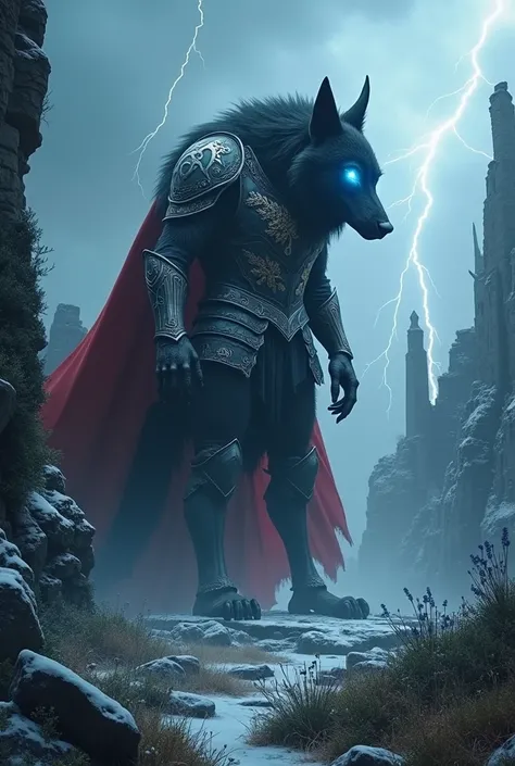 A hyper-realistic, cinematic film-style 4K image of a gigantic and majestic hybrid creature inspired by Germanic mythology. The creature combines the upper body of a fierce Teutonic warrior clad in heavy black and silver armor, adorned with glowing runic i...