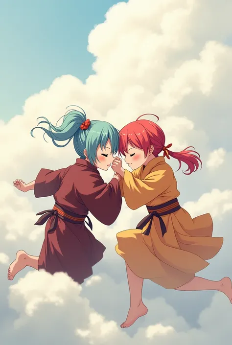 An anime-style art depicting monk-girls playfully wrestling with each other inside a makimono comical fight cloud.
each monk-girl has different  colored hair.
their faces,hands,and feet are visible emerging from the cloud as they tussle humorously,  with t...