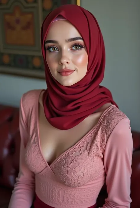 Photorealistic european young hijabi woman, 160cm tall, ((smooth skin, pale skin)), pink lipstick, long eyelashes, full lips, wide lips, big eyes, smokey eyeshadow, eyeliner, ((wearing tight pink lace top, mini tight smooth crimson skirt, crimson silk hija...