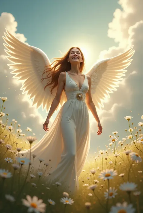  image of an adult woman , LONG-HAIRED IN THE WIND ,  DRESSED AS A WINGLESS ANGEL,  WHO IS IN A HEAVENLY LANDSCAPE AND THAT HER EXPRESSION RADIATES THE JOY OF BEING IN HEAVEN