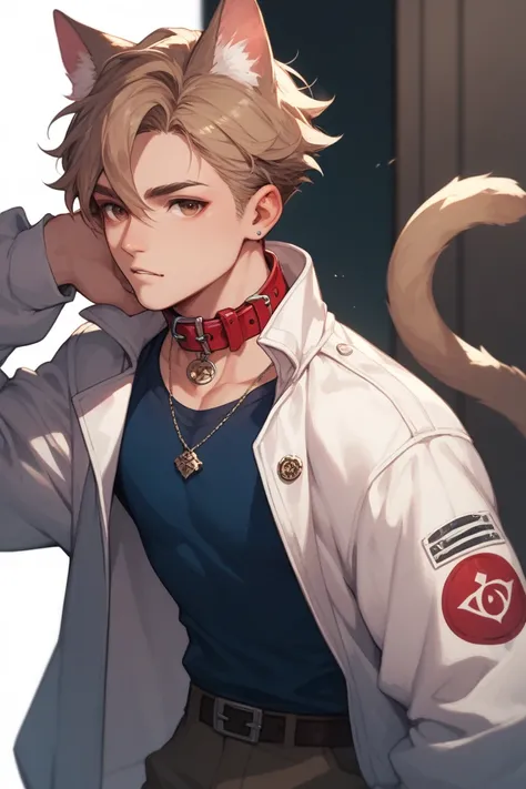 A cat boy with Long blond hair , brown-eyed , with a dark blue blouse with a white jacket and a red collar