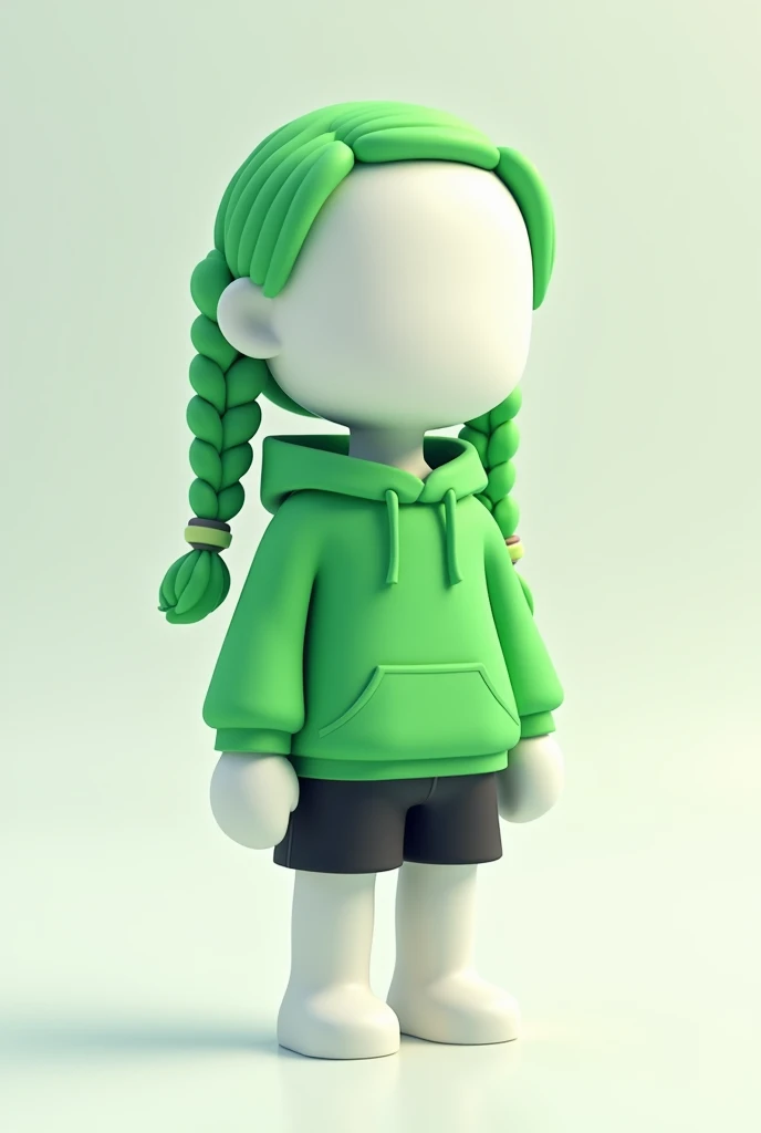 White human pixel character wearing a green hoodie, black shorts, and green hair braided on both sides
